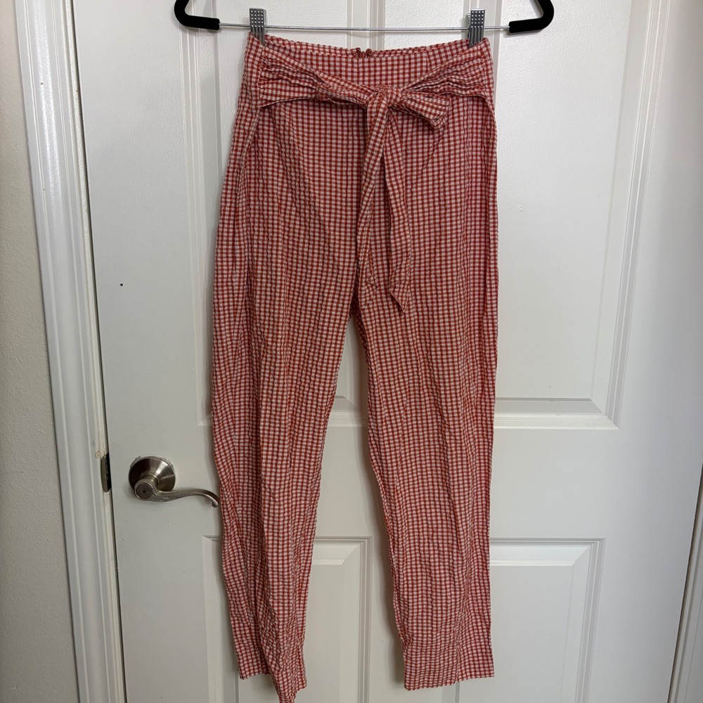 Free People Gingham Tie Waist Pants Red White Checkered Tapered Cigarette Size 2